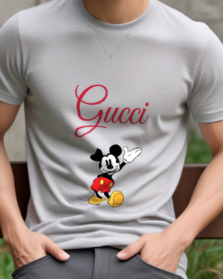 Light Gray Mickey Mouse Waving Cheerfully Front Print Graphic T-Shirt - model wearing view