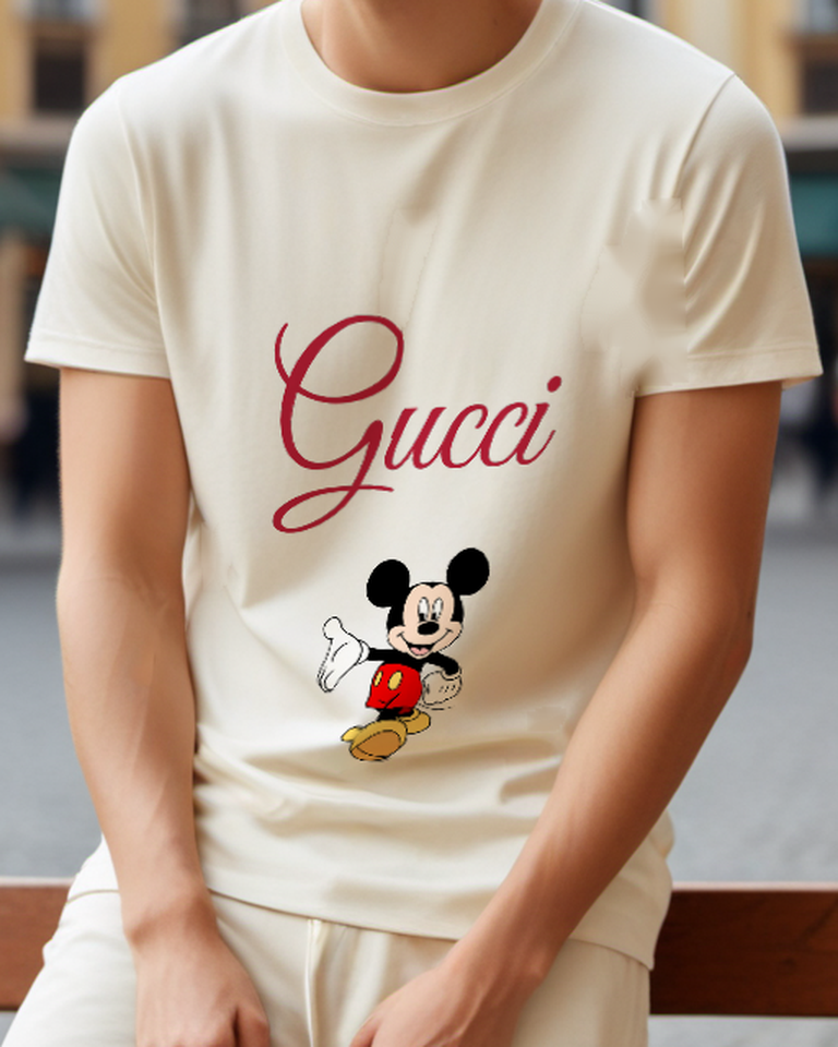 Ivory Mickey Mouse Waving Cheerfully Graphic T-Shirt - model wearing view
