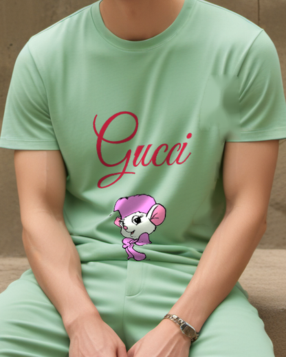 Sage Green Bianca Mouse In Pink Hat And Bow Graphic T-Shirt - model wearing view