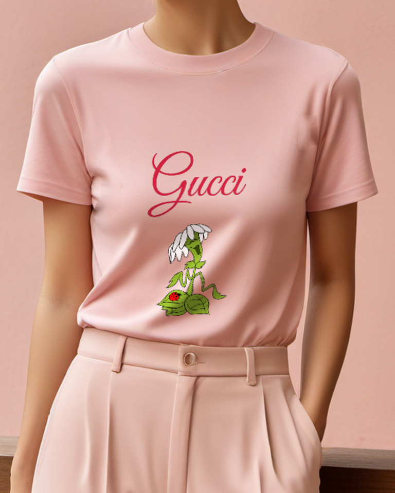 Blush Pink Green Caterpillar Tall Flower Graphic T-Shirt - model wearing view