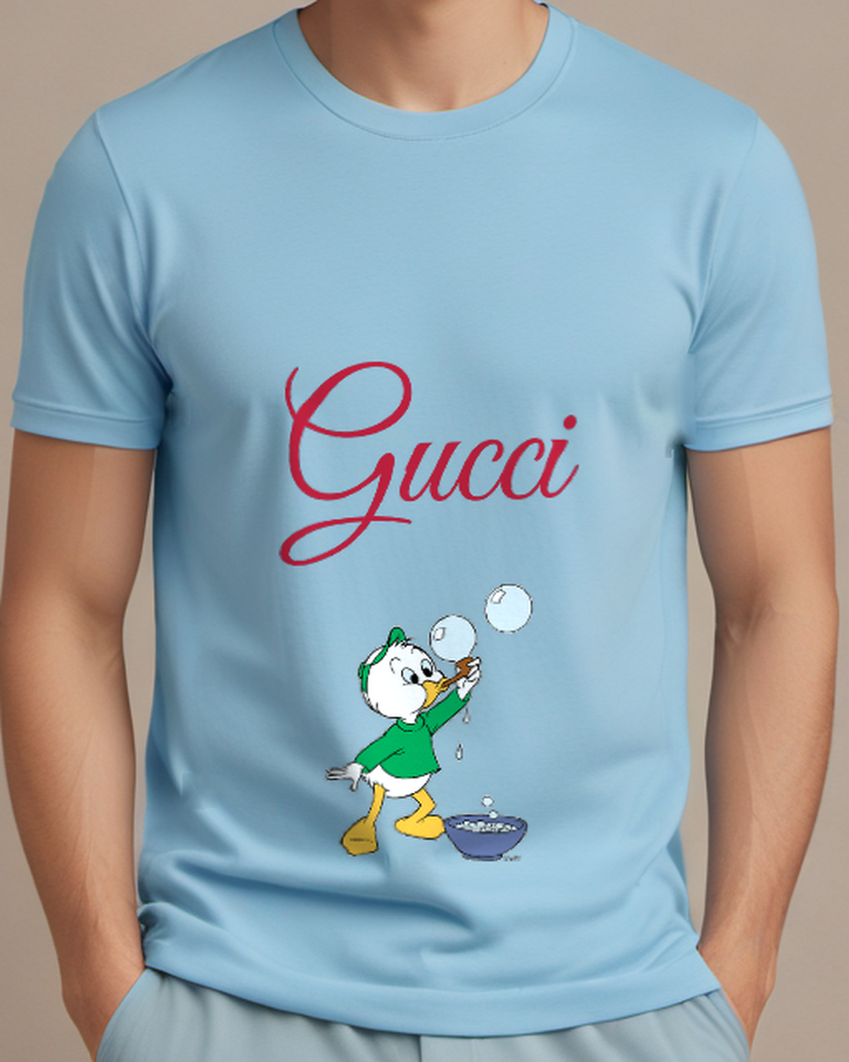 Sky Blue Young Duck Blowing Bubbles Graphic T-Shirt - model wearing view