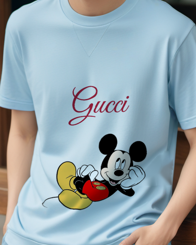 Sky Blue Mickey Mouse Lying On Back Graphic T-Shirt - model wearing view