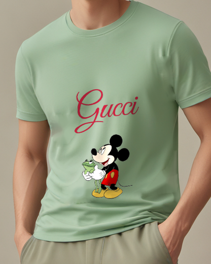 Sage Green Mickey Mouse Holds Green Frog Gently Graphic T-Shirt - model wearing view