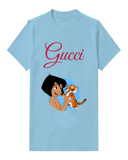 Sky Blue Jungle Boy Holding Tiger Cub Graphic T-Shirt - front product view