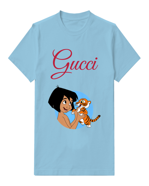 Sky Blue Jungle Boy Holding Tiger Cub Graphic T-Shirt - front product view