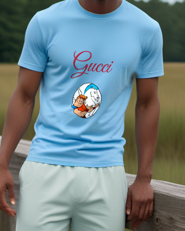 Sky Blue Hero Horse Oval Portrait Graphic T-Shirt - model wearing view