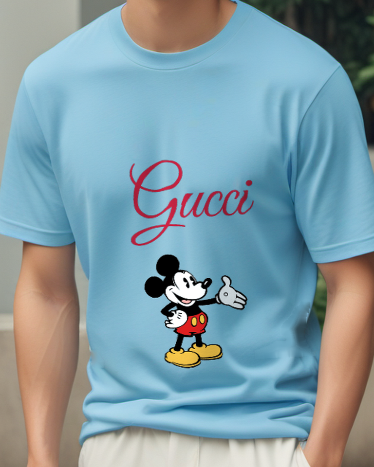 Sky Blue Mickey Mouse Waving Hand Front Print Graphic T-Shirt - model wearing view
