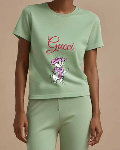 Sage Green Bianca Mouse In Hat And Bow Graphic T-Shirt - model wearing view