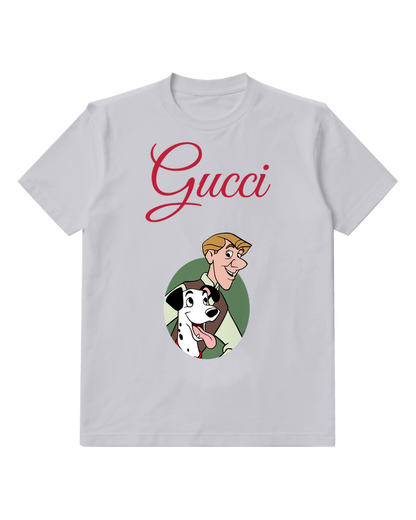 Light Gray Man And Spotted Puppy Portrait Graphic T-Shirt - front product view