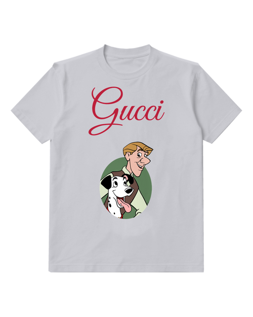 Light Gray Man And Spotted Puppy Portrait Graphic T-Shirt - front product view
