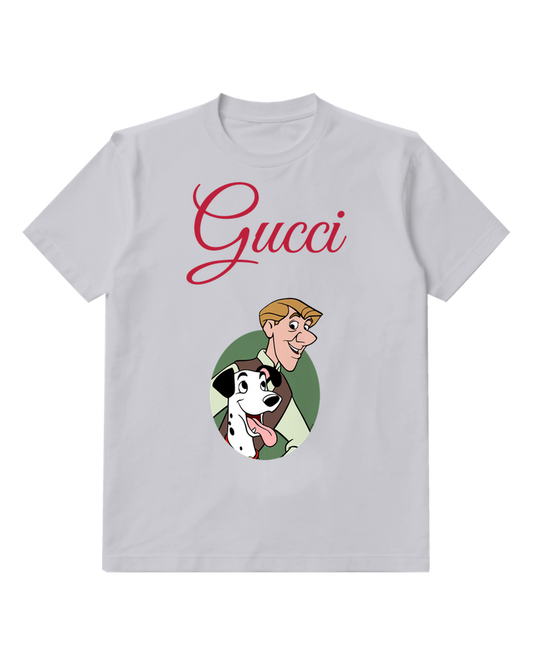 Light Gray Man And Spotted Puppy Portrait Graphic T-Shirt - front product view