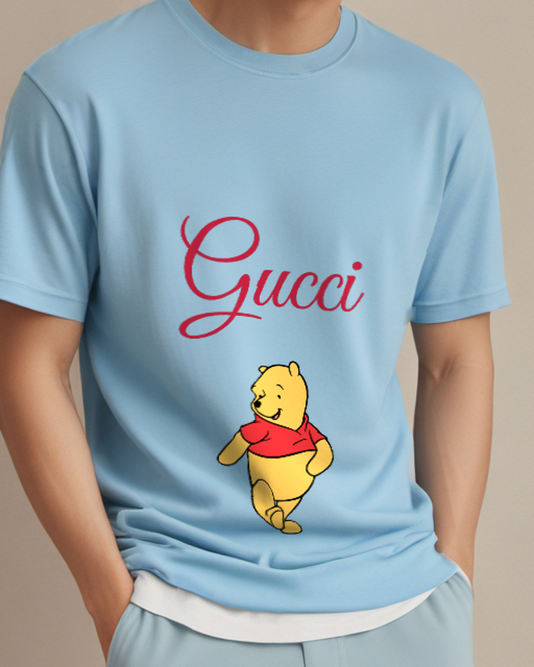 Sky Blue Winnie The Pooh Walking Forward Graphic T-Shirt - model wearing view