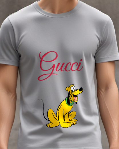 Gray Yellow Dog Sitting Happily Graphic T-Shirt - model wearing view