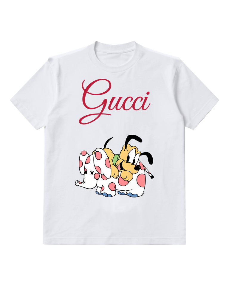 White Pluto Hugs Spotted Plush Elephant Graphic T-Shirt - front product view