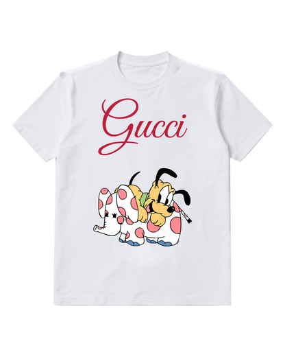 White Pluto Hugs Spotted Plush Elephant Graphic T-Shirt - front product view