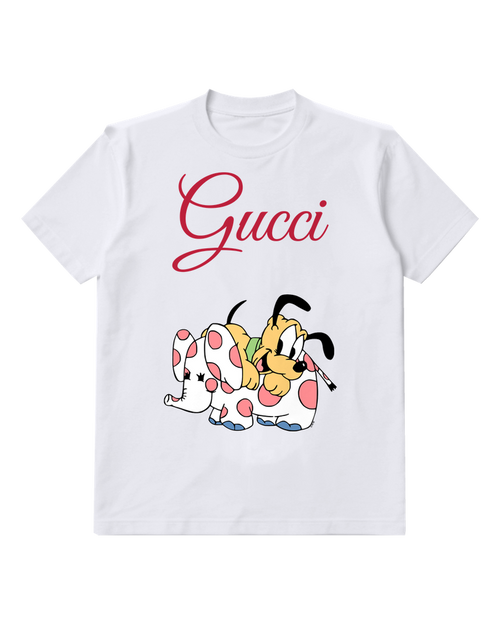 White Pluto Hugs Spotted Plush Elephant Graphic T-Shirt - front product view