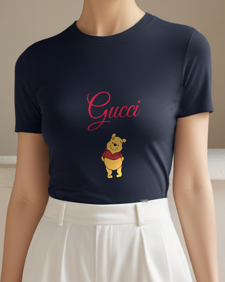 Navy Blue Winnie The Pooh Standing Smiling Graphic T-Shirt - model wearing view
