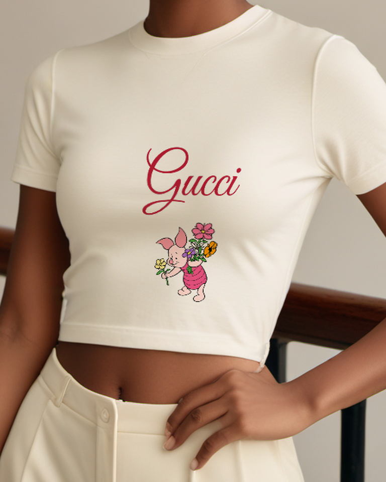 Ivory Piglet Holding Colorful Flowers Graphic T-Shirt - model wearing view