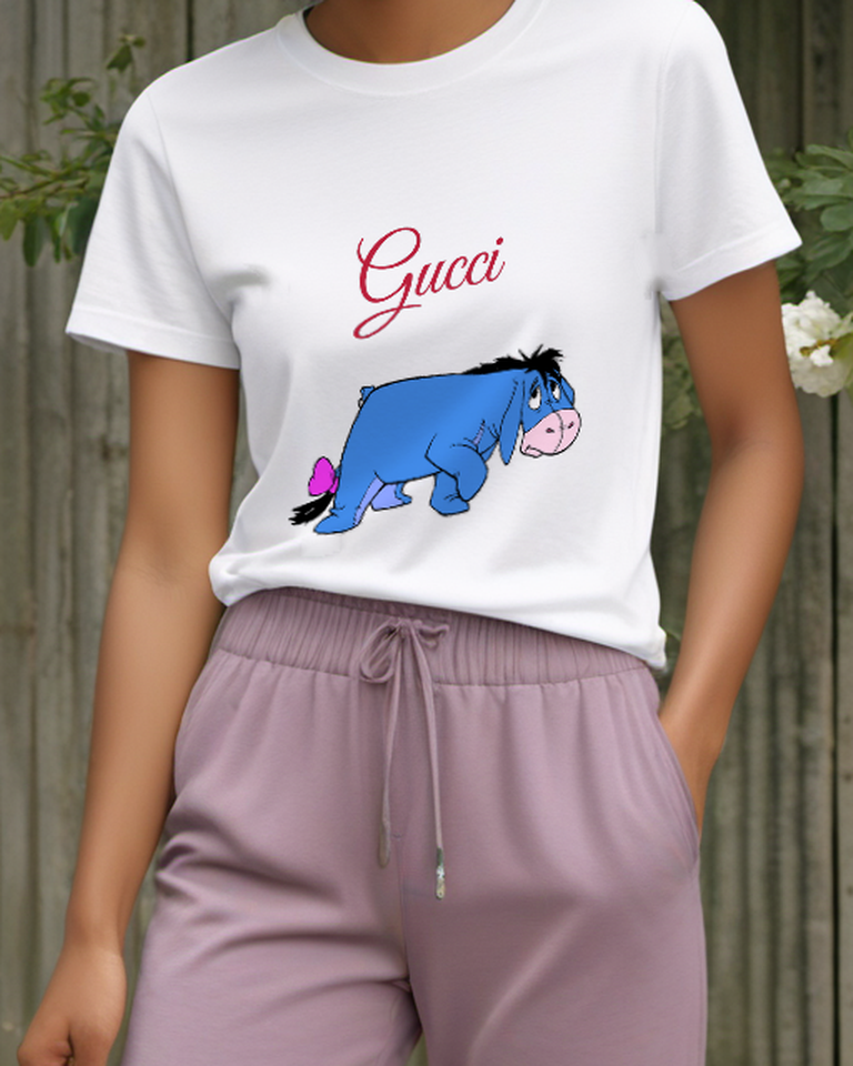 White Eeyore Blue Horse Walking Backward Graphic T-Shirt - model wearing view