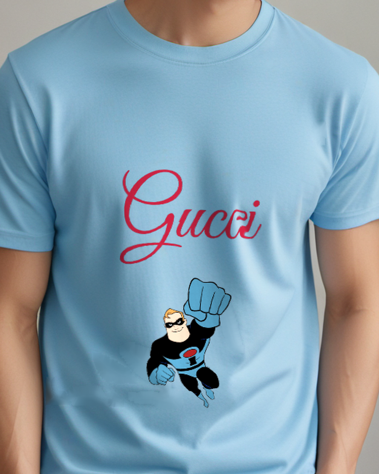 Sky Blue Blue Gloved Flying Hero Graphic T-Shirt - model wearing view