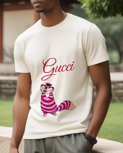 Ivory Purple Striped Grinning Cat Graphic T-Shirt - styled view 1