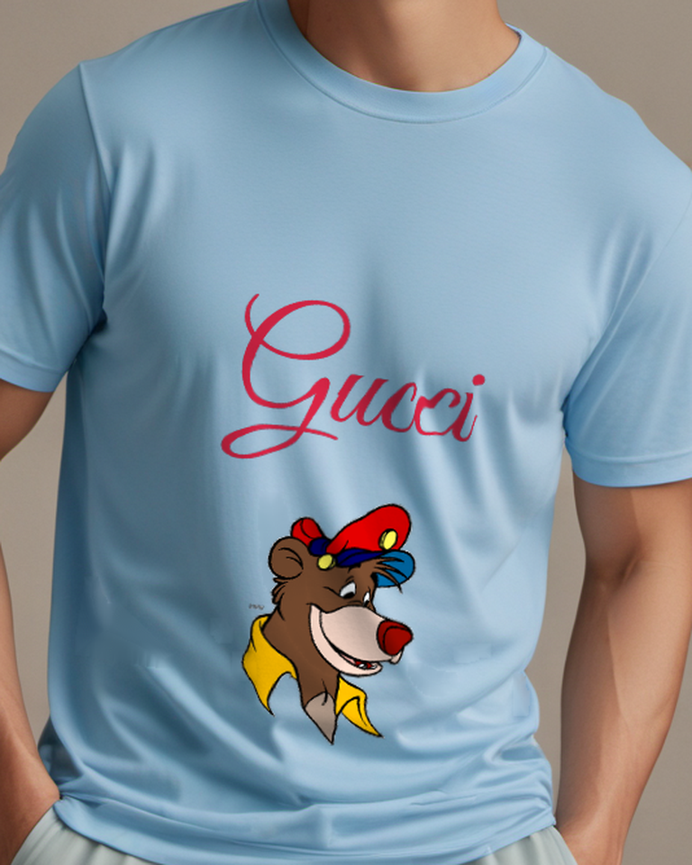 Sky Blue Bear Red Cap Portrait Graphic T-Shirt - model wearing view
