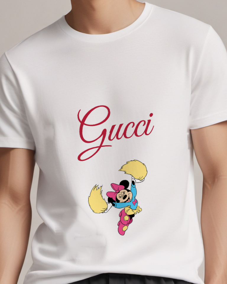 White Mouse Cheerleader Yellow Poms Graphic T-Shirt - model wearing view
