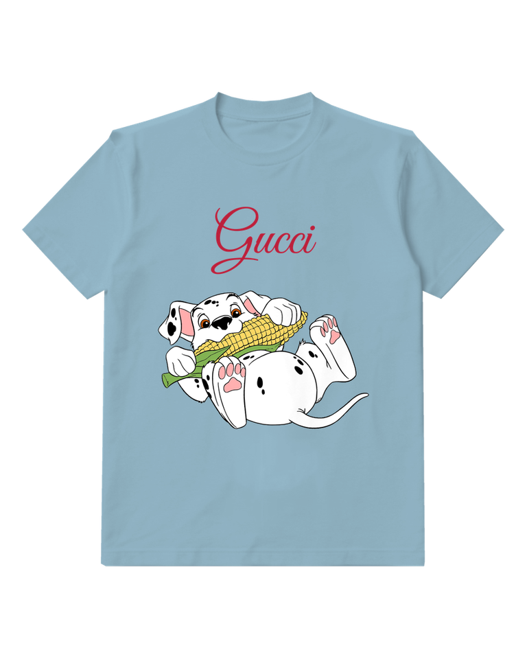 Dusty Blue Dalmatian Puppy Holding Corn Graphic T-Shirt - front product view