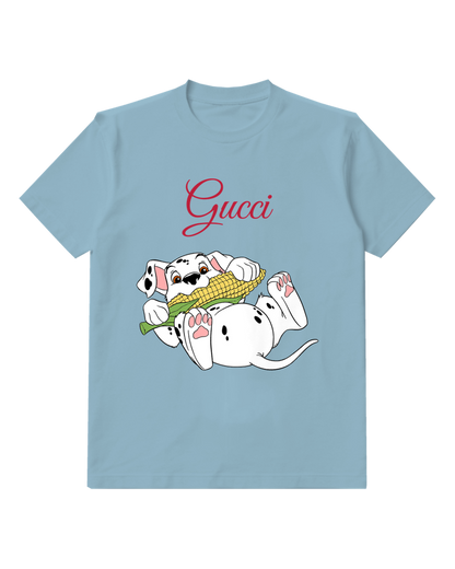 Dusty Blue Dalmatian Puppy Holding Corn Graphic T-Shirt - front product view