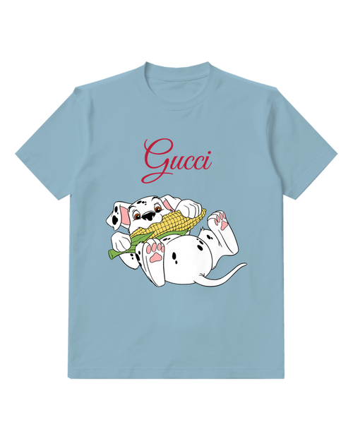 Dusty Blue Dalmatian Puppy Holding Corn Graphic T-Shirt - front product view