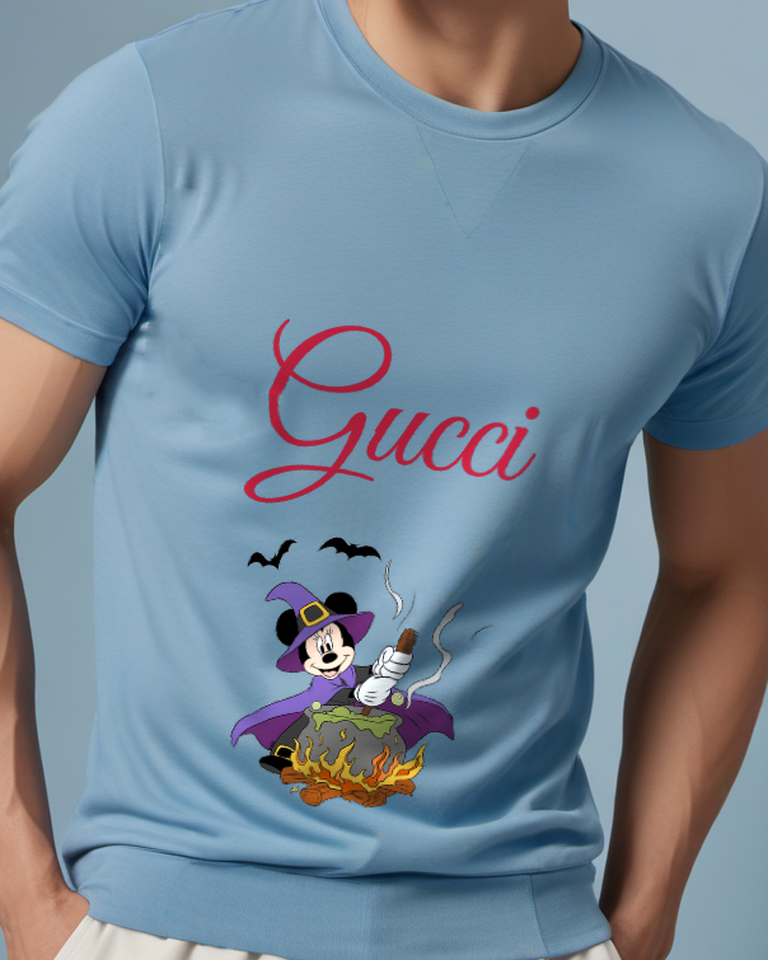 Dusty Blue Witch Minnie Stirs Cauldron Over Fire Graphic T-Shirt - model wearing view