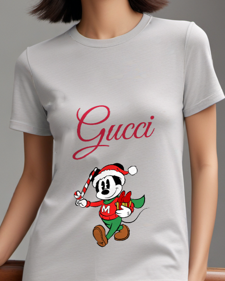 Light Gray Mickey Mouse Holding Candy Cane And Gift Graphic T-Shirt - model wearing view