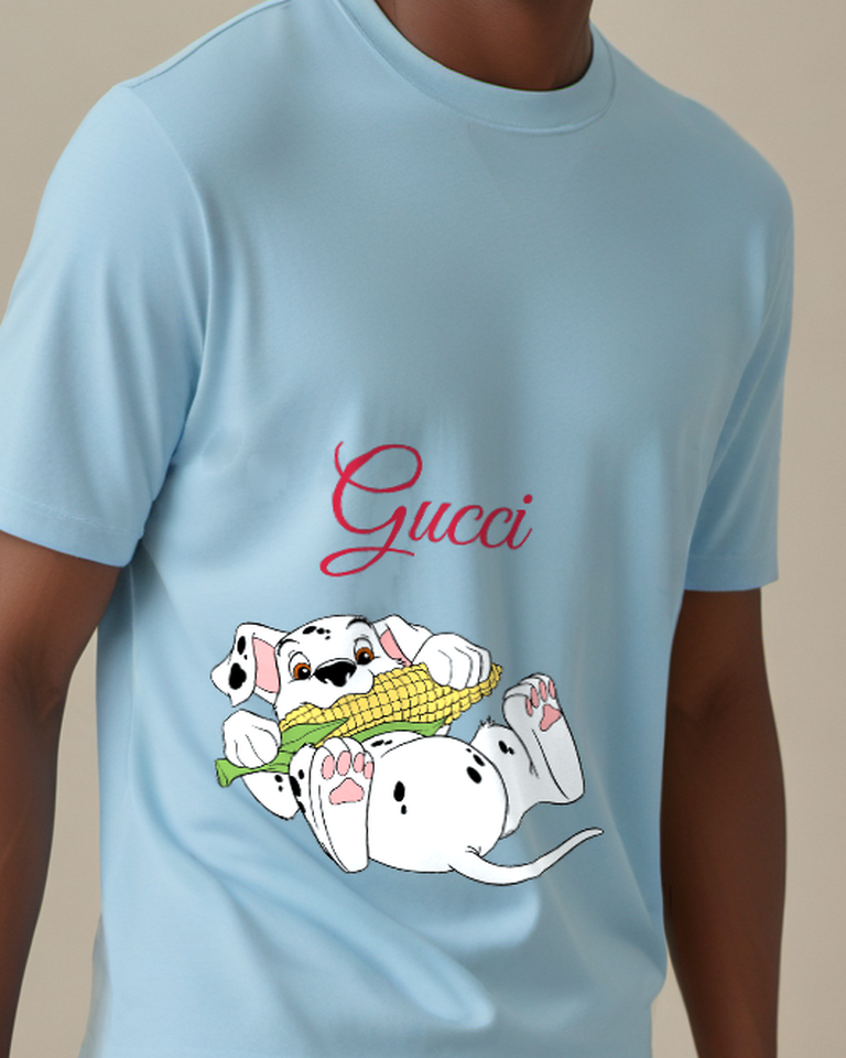 Dusty Blue Dalmatian Puppy Holding Corn Graphic T-Shirt - model wearing view