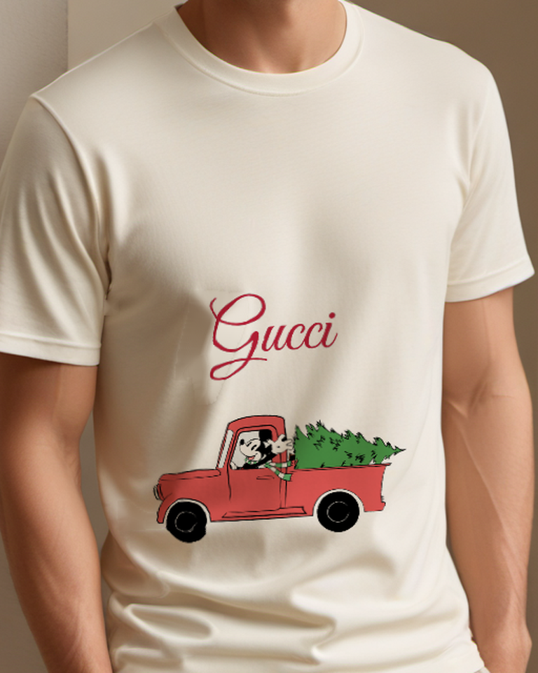 Ivory Red Pickup Christmas Tree Graphic T-Shirt - model wearing view