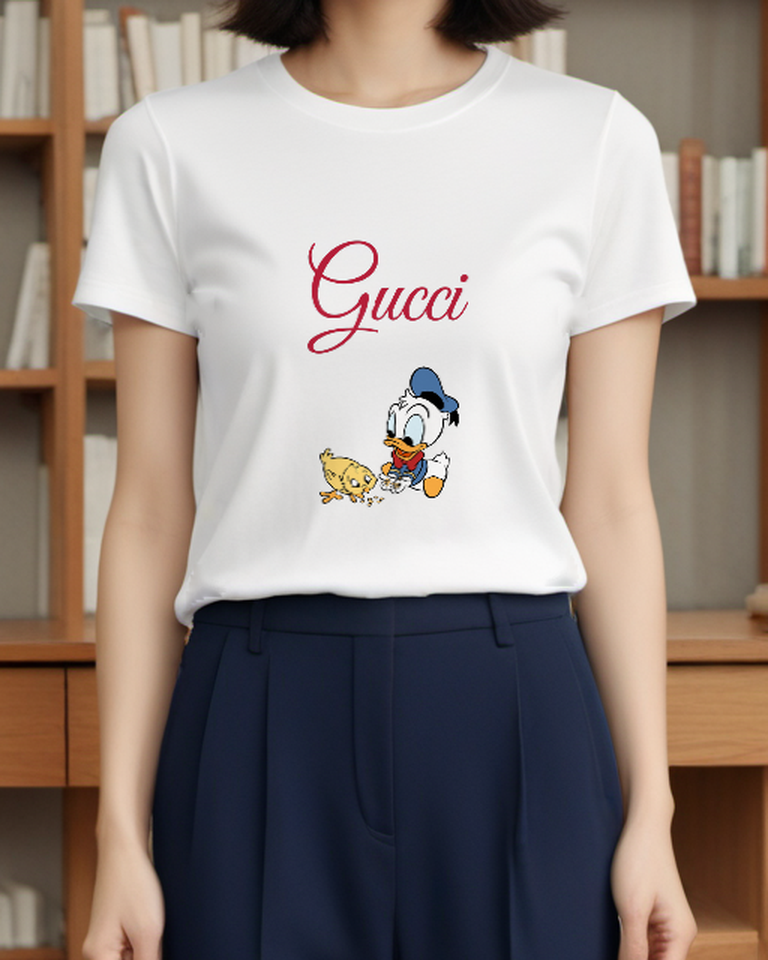 White Donald Duck Feeds Chick Seeds Graphic T-Shirt - model wearing view