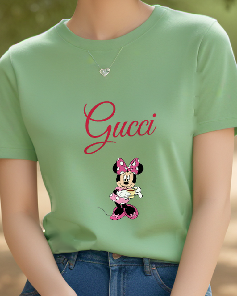Sage Green Minnie Mouse Holding A Cup Graphic T-Shirt - model wearing view