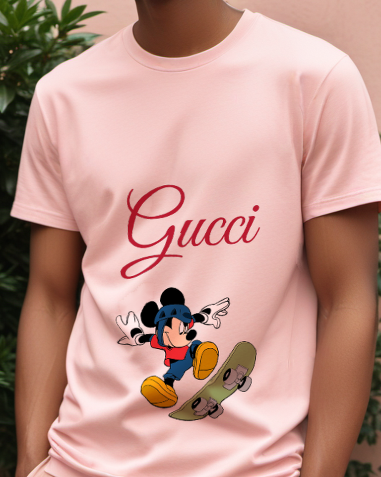 Blush Pink Mickey Mouse Skateboarding With Helmet And Boots Graphic T-Shirt - model wearing view