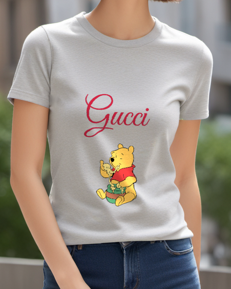 Light Gray Winnie The Pooh Eating Honey Graphic T-Shirt - model wearing view
