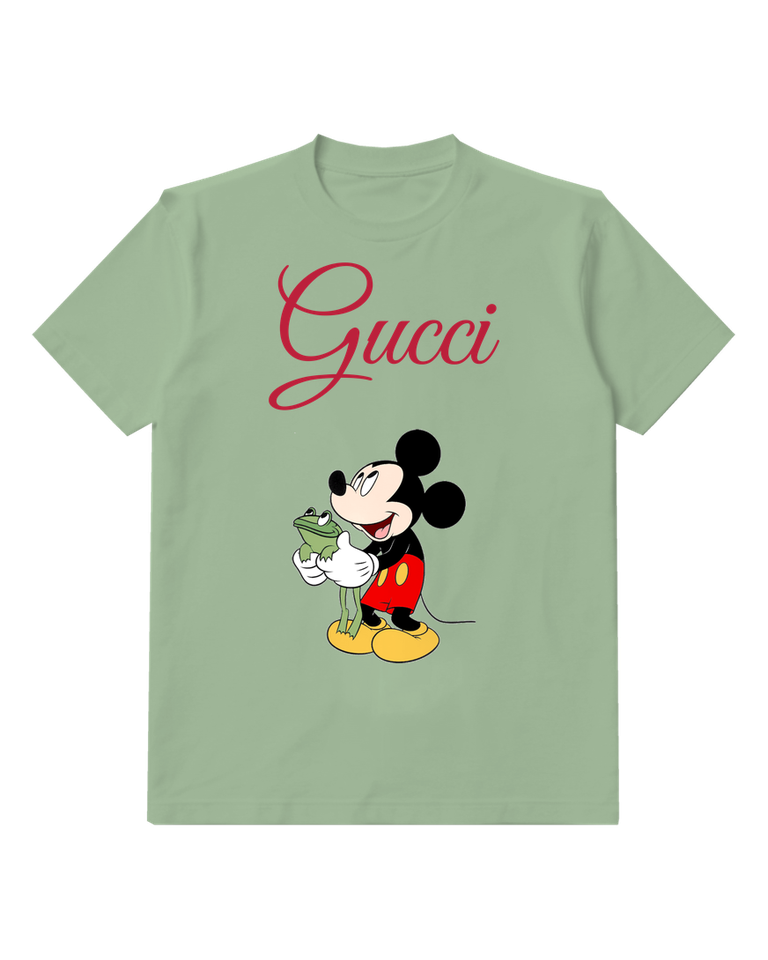 Sage Green Mickey Mouse Holds Green Frog Gently Graphic T-Shirt - front product view