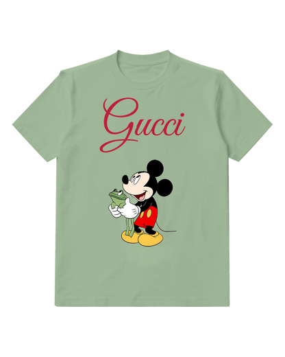 Sage Green Mickey Mouse Holds Green Frog Gently Graphic T-Shirt - front product view