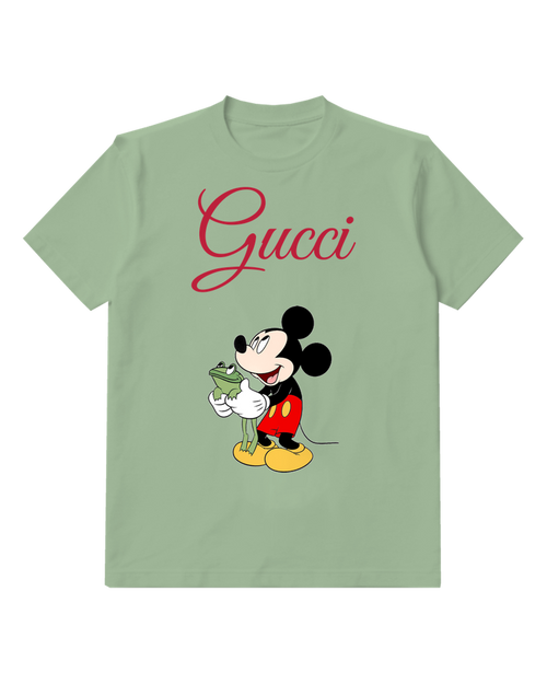 Sage Green Mickey Mouse Holds Green Frog Gently Graphic T-Shirt - front product view