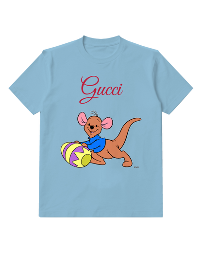 Sky Blue Roo Holding Colorful Egg Graphic T-Shirt - front product view