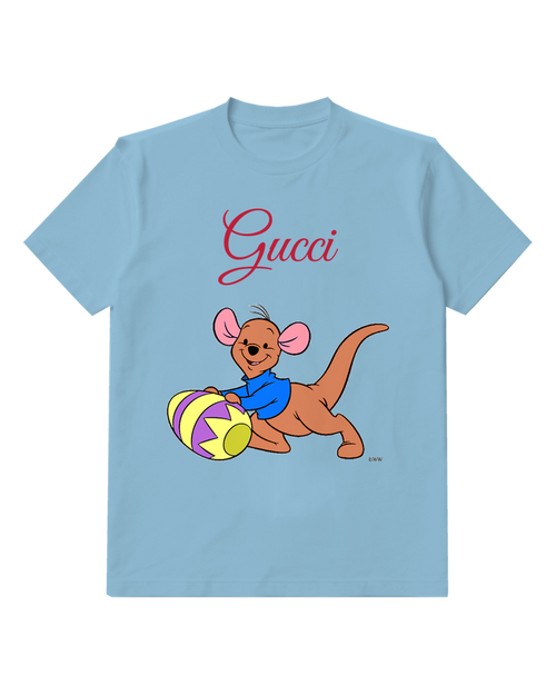 Sky Blue Roo Holding Colorful Egg Graphic T-Shirt - front product view