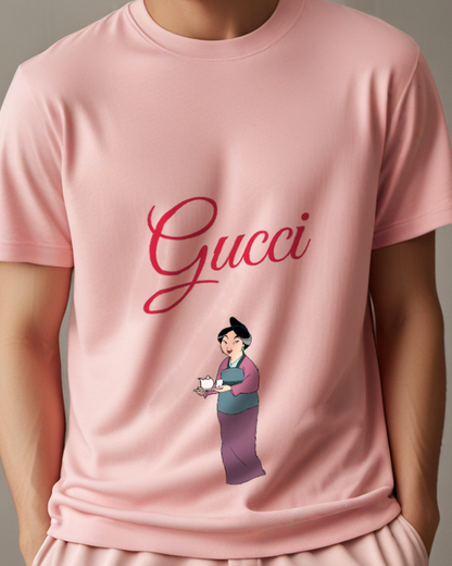 Blush Pink Woman Holding Tea Tray Graphic T-Shirt - model wearing view