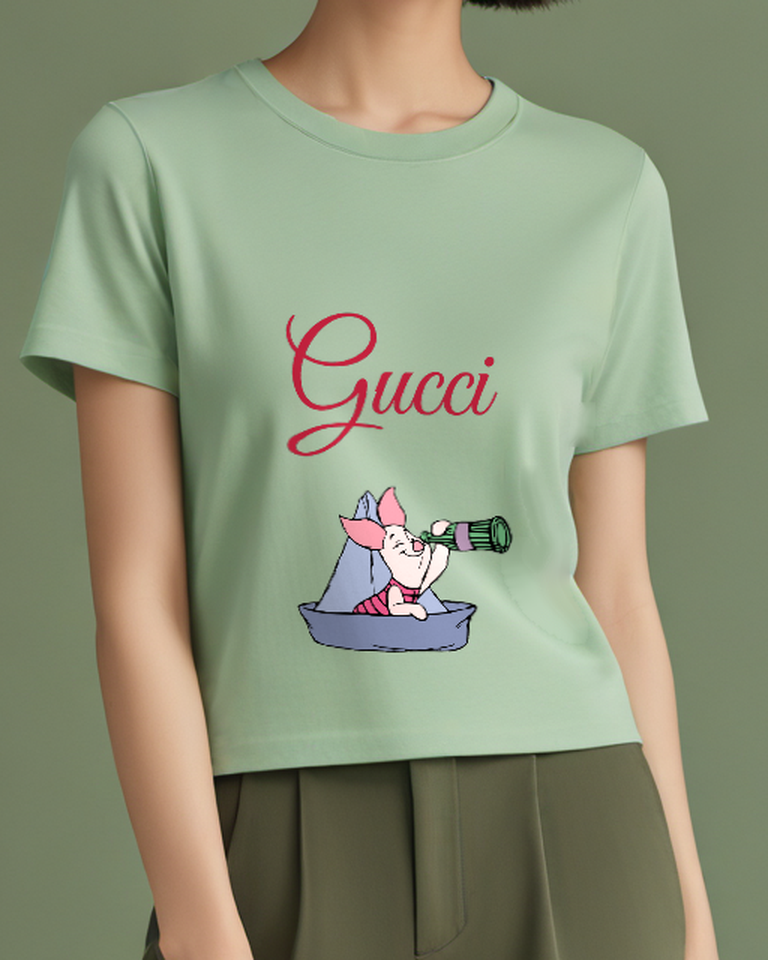 Sage Green Piglet In Boat With Telescope Graphic T-Shirt - model wearing view