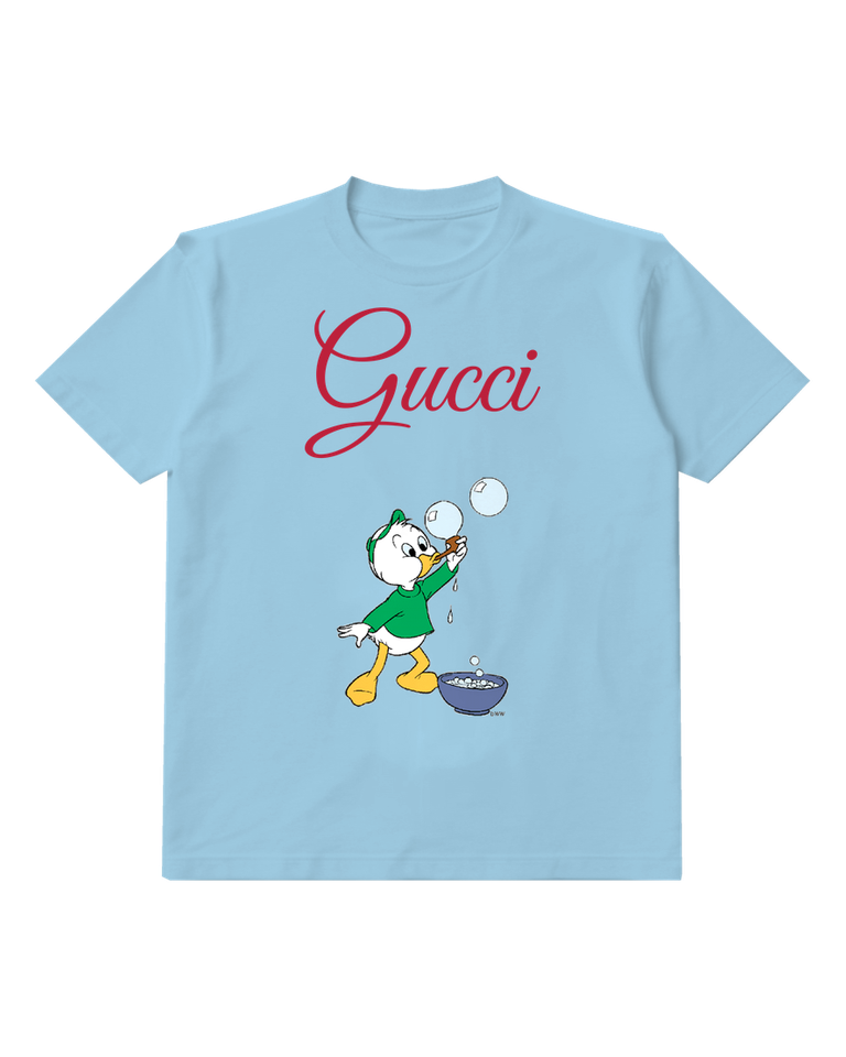 Sky Blue Young Duck Blowing Bubbles Graphic T-Shirt - front product view