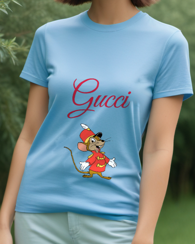 Dusty Blue Timothy Mouse In Joyful Pose Graphic T-Shirt - model wearing view