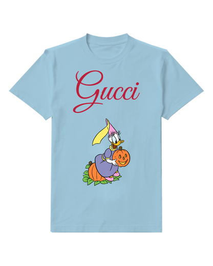 Sky Blue Daisy Duck Holding Pumpkin Graphic T-Shirt - front product view