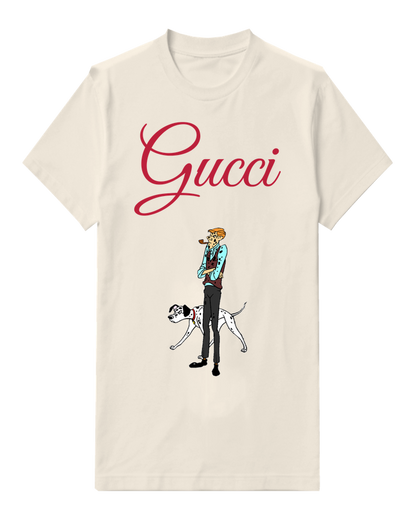 Ivory Dalmatian Dog Beside Standing Man Graphic T-Shirt - front product view