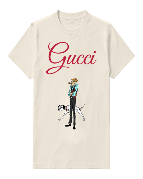 Ivory Dalmatian Dog Beside Standing Man Graphic T-Shirt - front product view